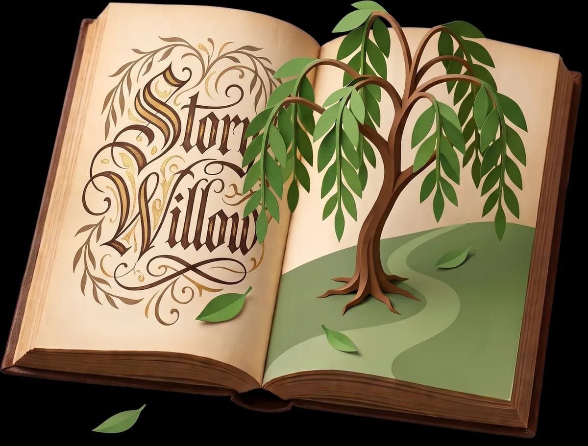 An open storybook with a paper-cut willow tree growing from its pages
